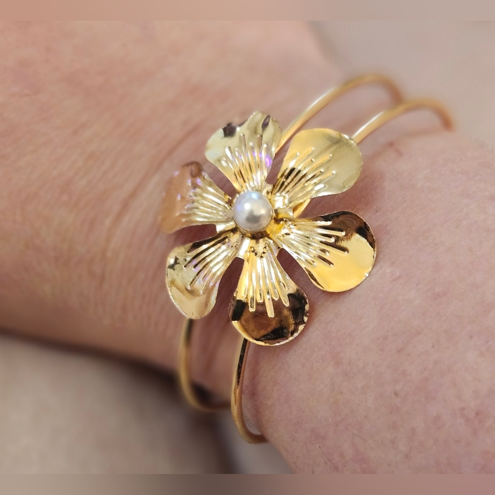 Gold Floral Bracelet with Pearl Accent